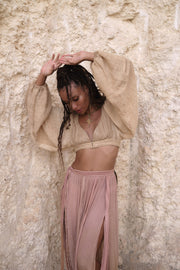 Inara Shirt crafted from Handloomed Raw Silk and Bamboo Viscose, Versatile as a Crop Shirt, with Loose and Airy Sleeves for Relaxed Elegance.